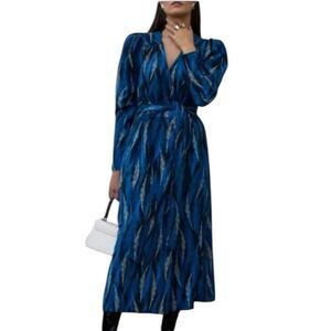 Happy x Nature Kate Hudson Alpha Wrap Midi Dress  Blue Feather Print Women Small